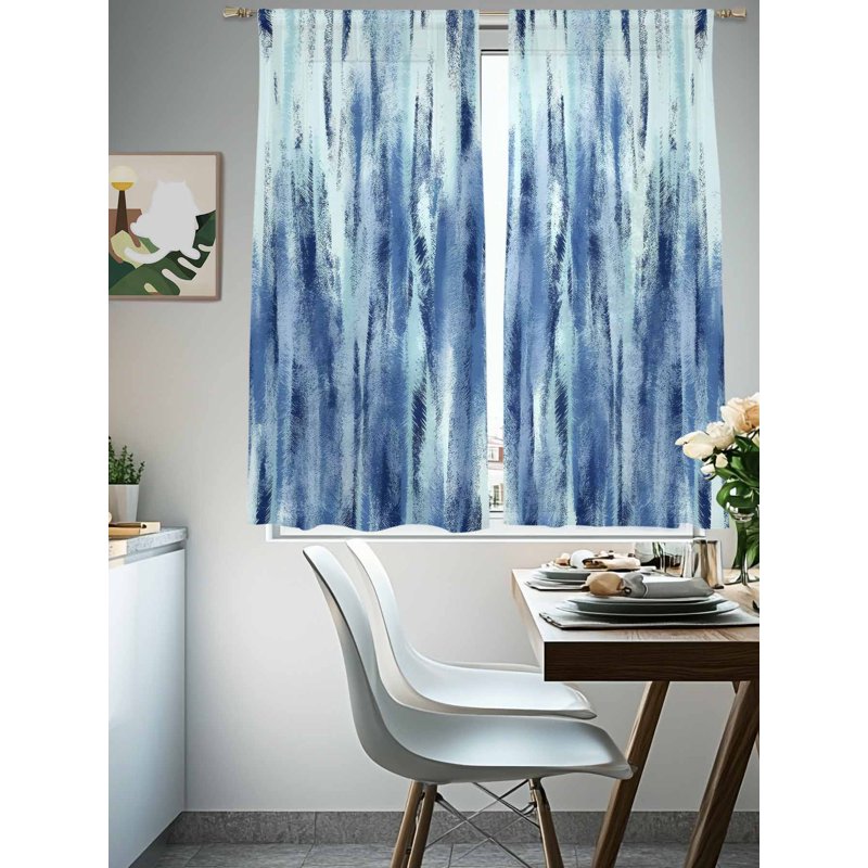Navy Blue Sheer Curtains Set 52x63 Inches - Retro Stripes Voile Window Drapes