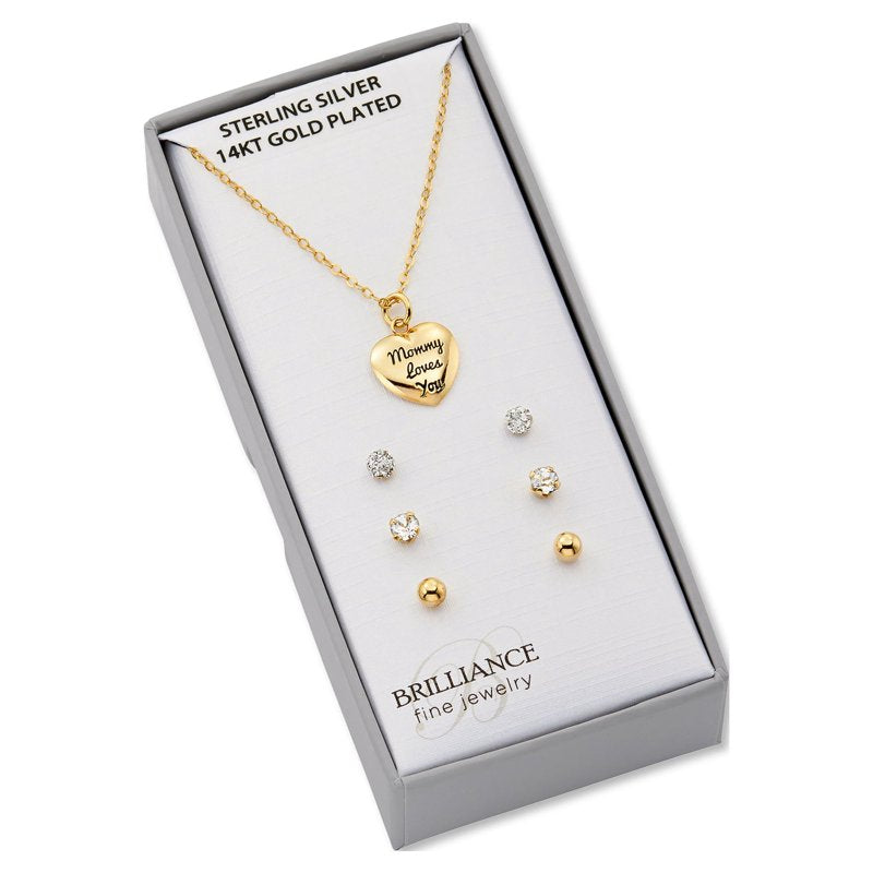 Children's Heart Necklace and Stud Earrings Set - Hypoallergenic Sterling Silver with Crystals