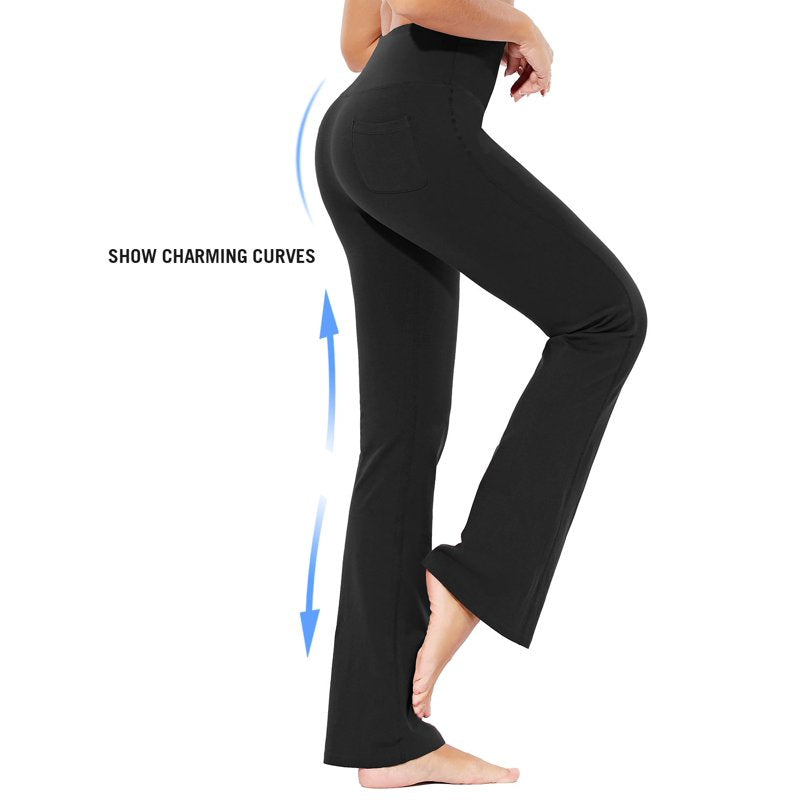 High Waist Cotton Bootcut Yoga Pants with Pockets - Comfy Flare Workout Pants