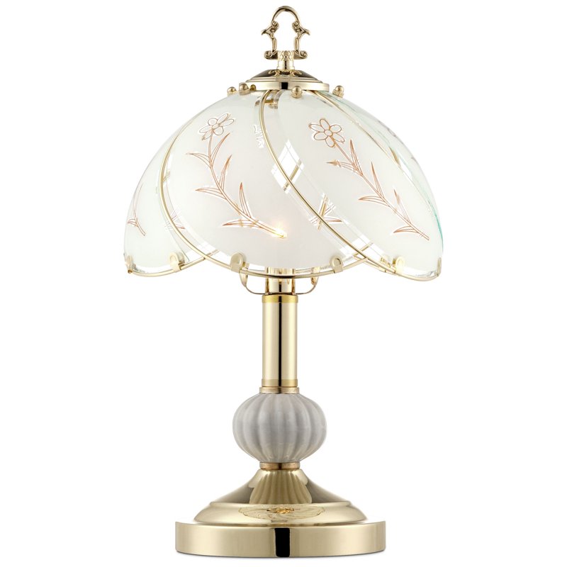 Traditional Accent Table Lamp with Floral Etched Glass Shade - Touch Control, Brass Finish, 15"
