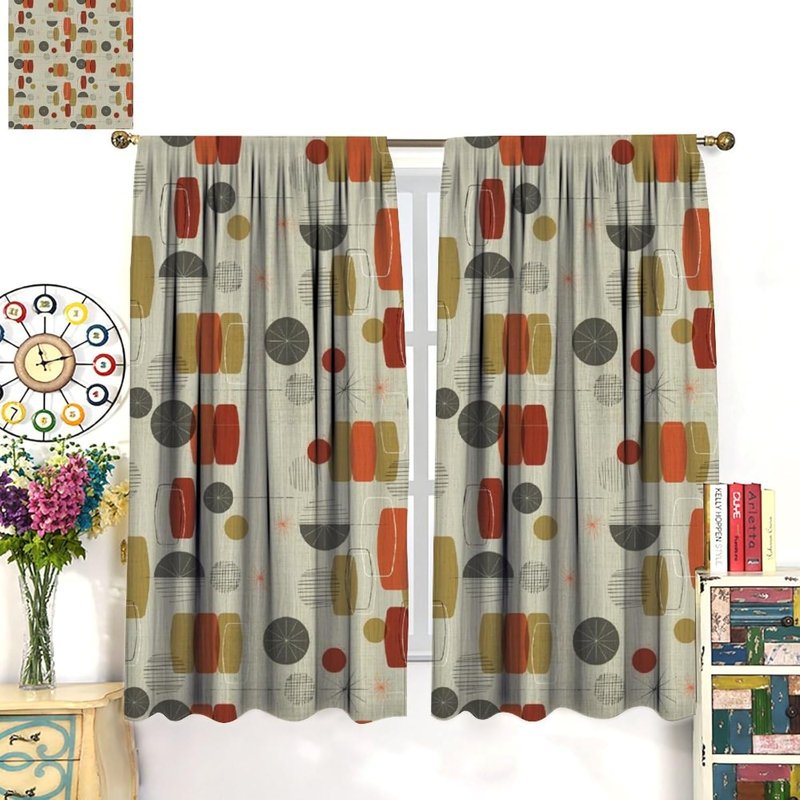 Mid Century Geometric Pattern Curtains - Insulated Room Darkening Drapes, 2 Panels
