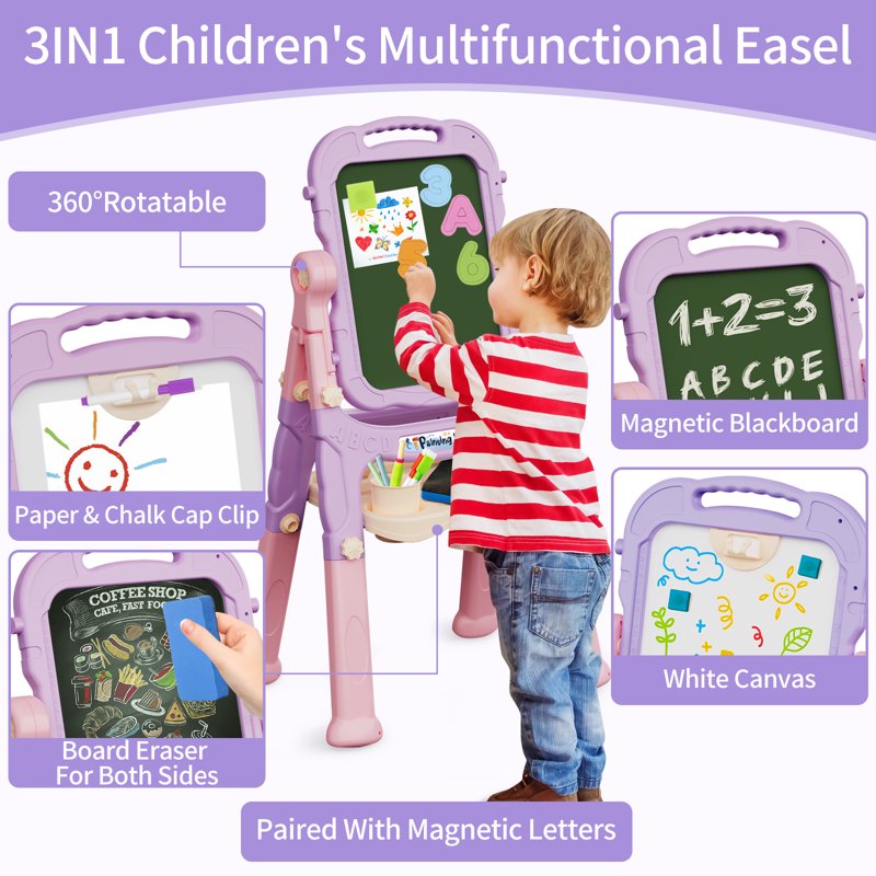 Kids Adjustable Double-Sided Art Easel with Chair, Whiteboard & Chalkboard Set