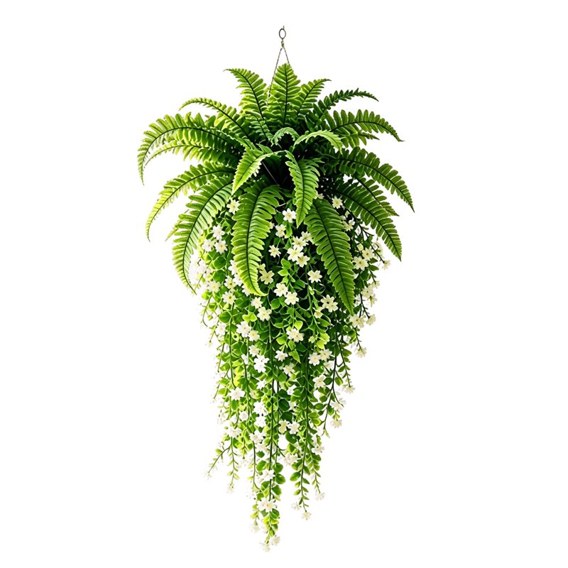Artificial Hanging Fern Vine with White Flowers - 36 Inch Outdoor Indoor Trailing Plant for Garden Decor
