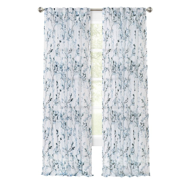 Indoor Floral Light Filtering Curtain Panel - Linen-Like Texture, Teal, 52-84 Inch Width