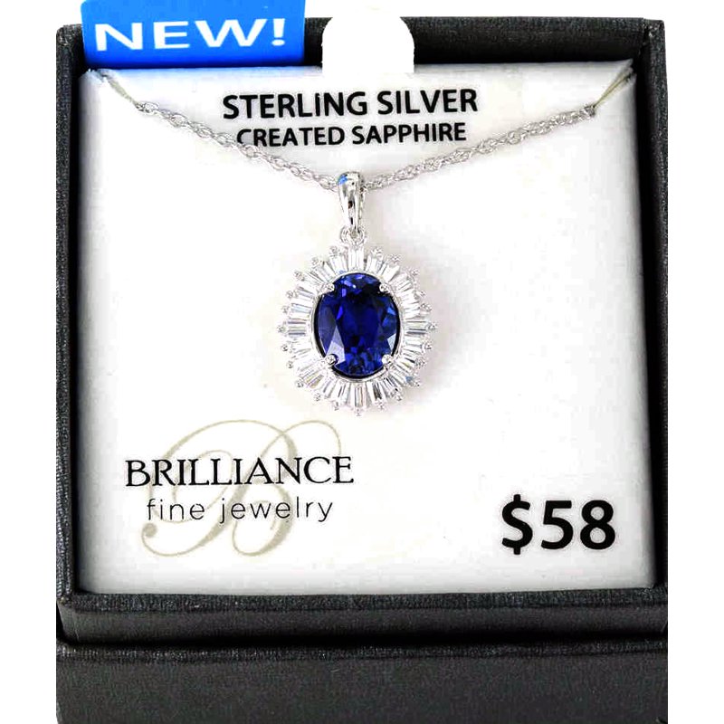 Blue Sapphire Pendant with CZ Halo on 18-Inch Chain - Sterling Silver Jewelry