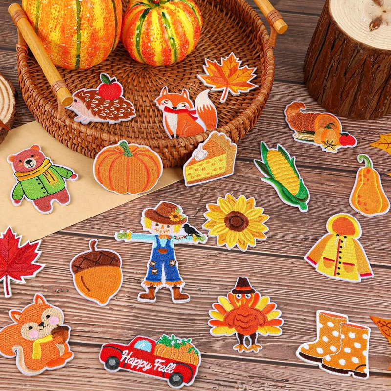 60 Pcs Fall Autumn Embroidered Iron-On Patches Assorted Thanksgiving Decorations