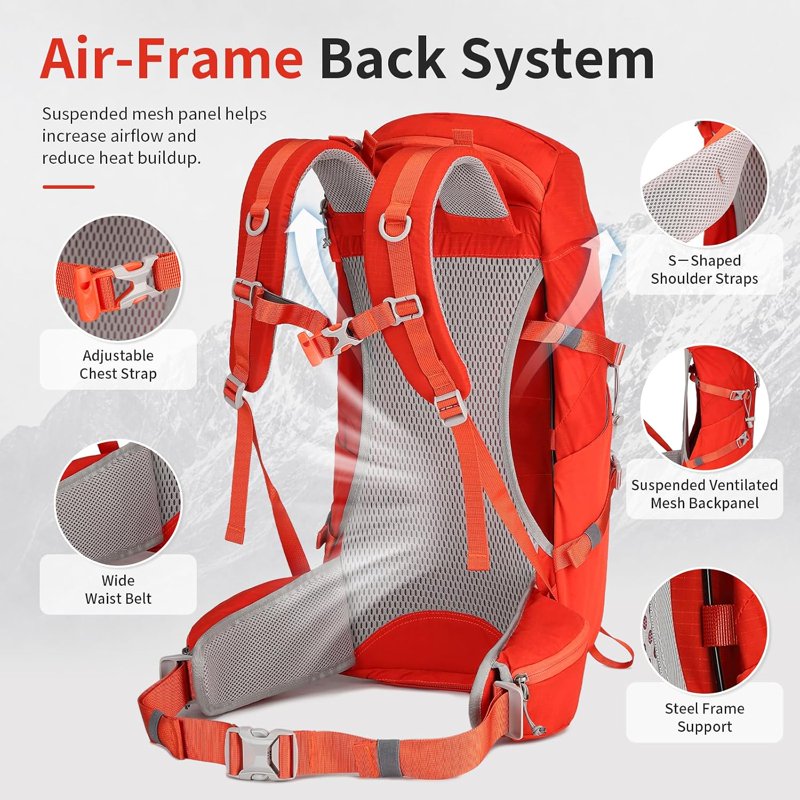 JIDIZHE 32L Hiking Backpack with Internal Frame & Rain Cover - Red004, Lightweight Daypack for Hiking, Camping & Travel