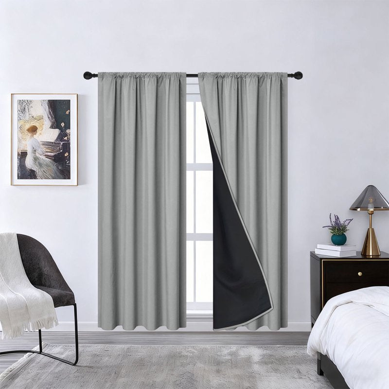 Blackout Curtain Rod-Pull Thermal Insulated Room Darkening Drapes with Black Liner