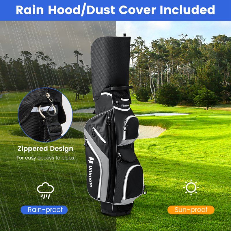Costway 14-Way Top Golf Cart Bag with 9 Pockets, Rain Hood & Cooler — Grey