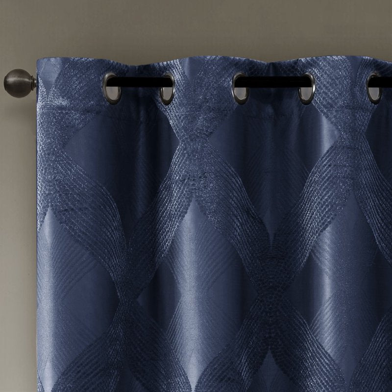 Blackout Curtain Panel Ogee Jacquard Total Blockout Window Covering - Navy