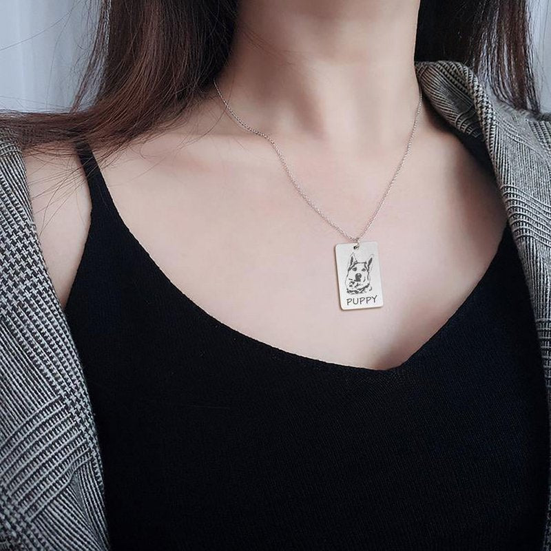 Personalized Pet Dog Tag Necklace with Portrait Pendant - Engravable Stainless Steel