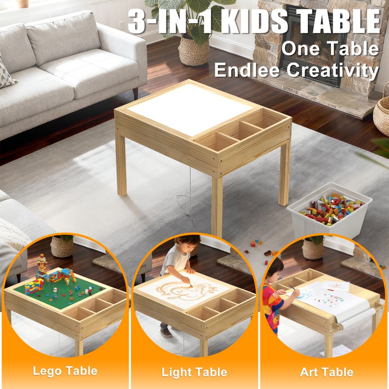 3-in-1 Kids Activity Table with LED Light, Building & Art Station, Storage