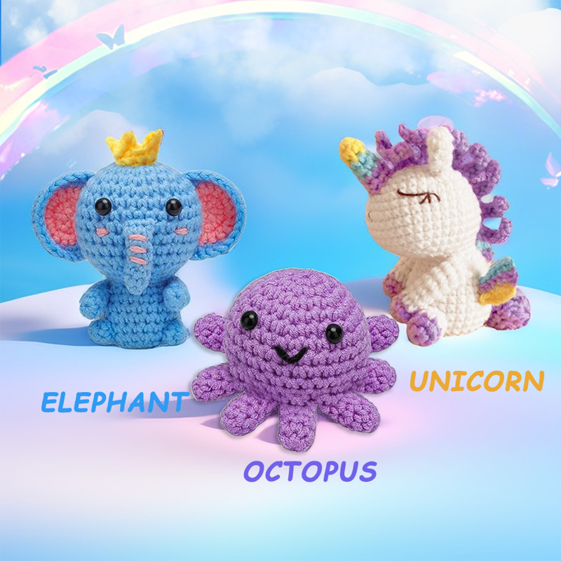 Crochet Animal Kit for Beginners - DIY Unicorn, Elephant, Octopus Craft Set