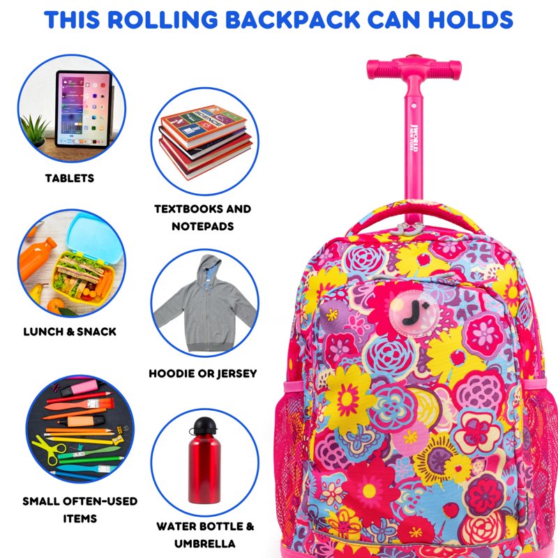 Kids 17-Inch Rolling Backpack for School & Travel with Wheels & Organizer
