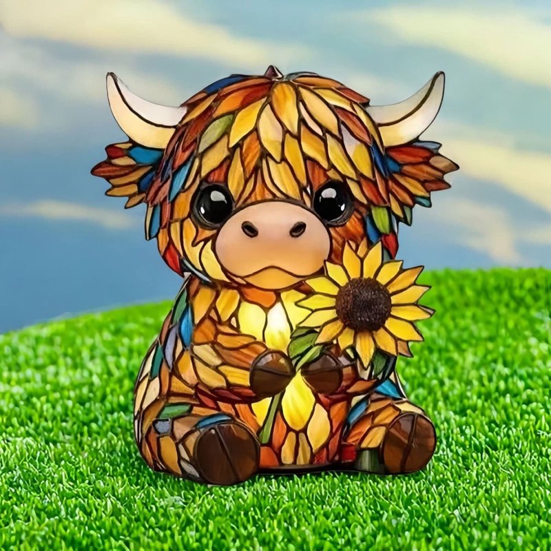 Night Light Cow Stained Glass Lamp with Sunflower - Animal Table Lamp for Bedroom Nursery