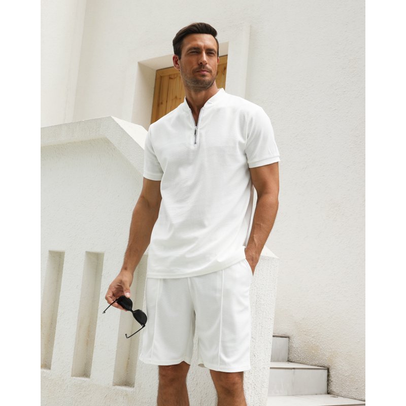 Men's Casual 2-Piece Tracksuit Set with Zip Shirt and Shorts for Beach, Golf, and Sport