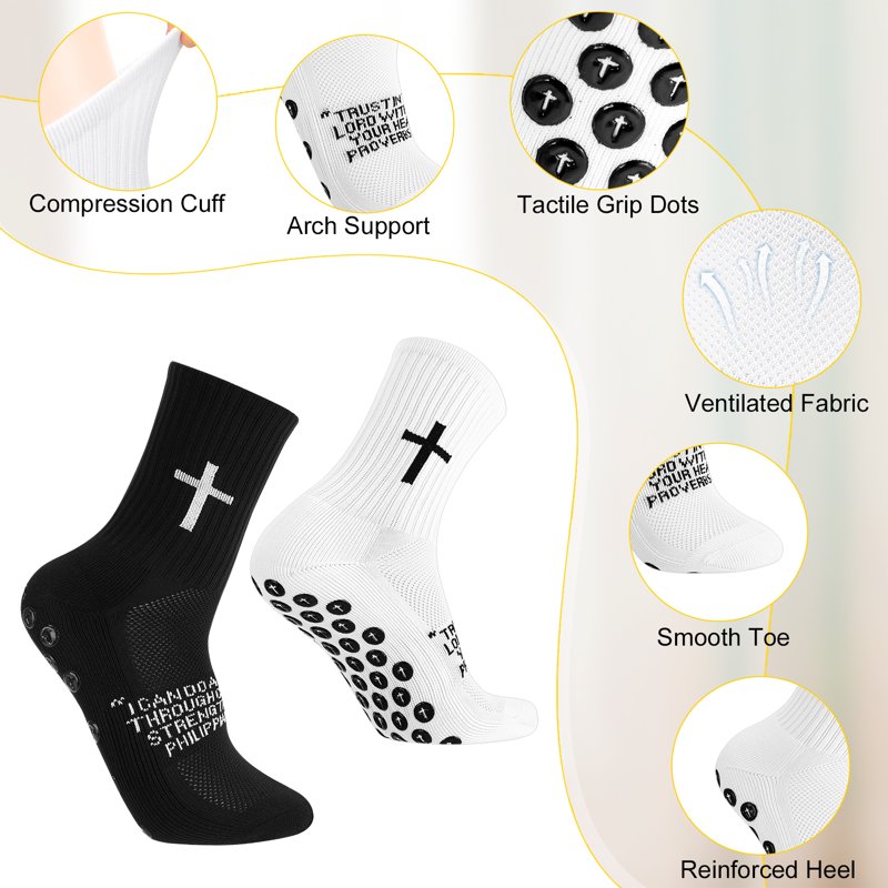 Hengguang 4-Pair Cross Grip Soccer Socks, US 7-11, Anti-Slip Training Socks - White & Black
