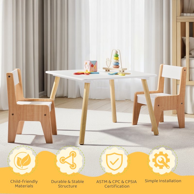 Kids Activity Table Set with Chairs - 2-in-1 Toddler Play & Craft Table, 24x24 Inch, White & Natural Wood Finish