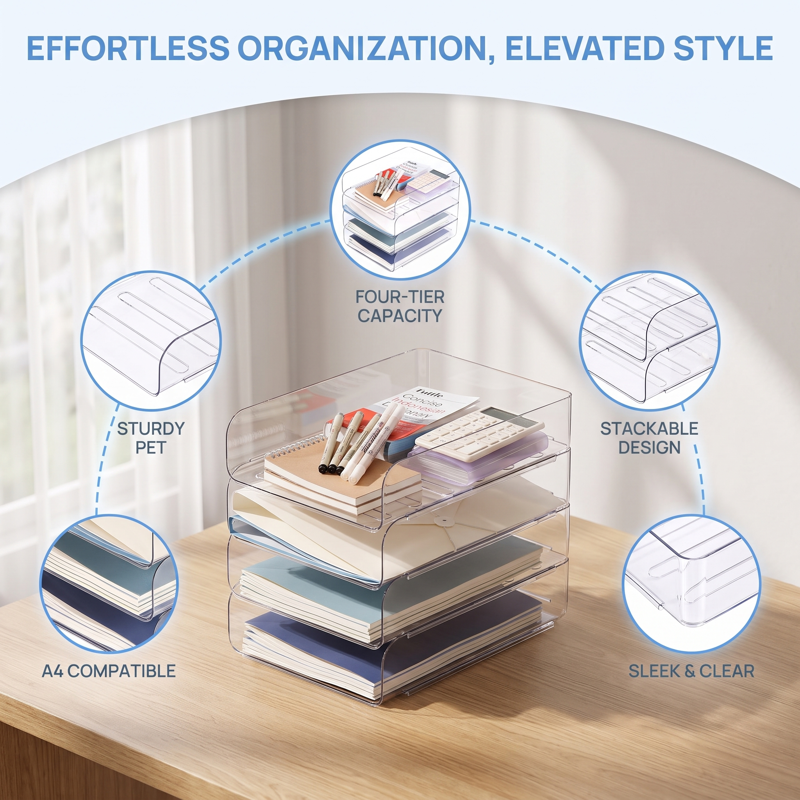 Stackable Desk Organizer Set of 4 Clear PET Letter Trays for Paper Documents Office Supplies