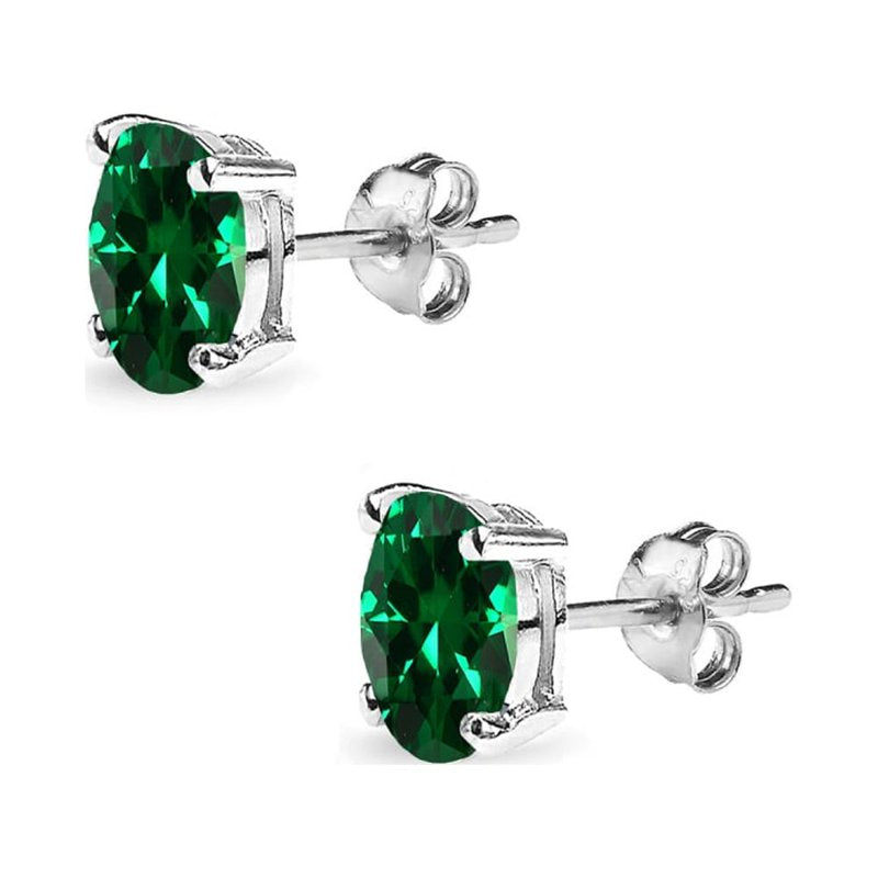 Sterling Silver Emerald Stud Earrings 6x4mm Oval-Cut Solitaire Jewelry for Women & Teens