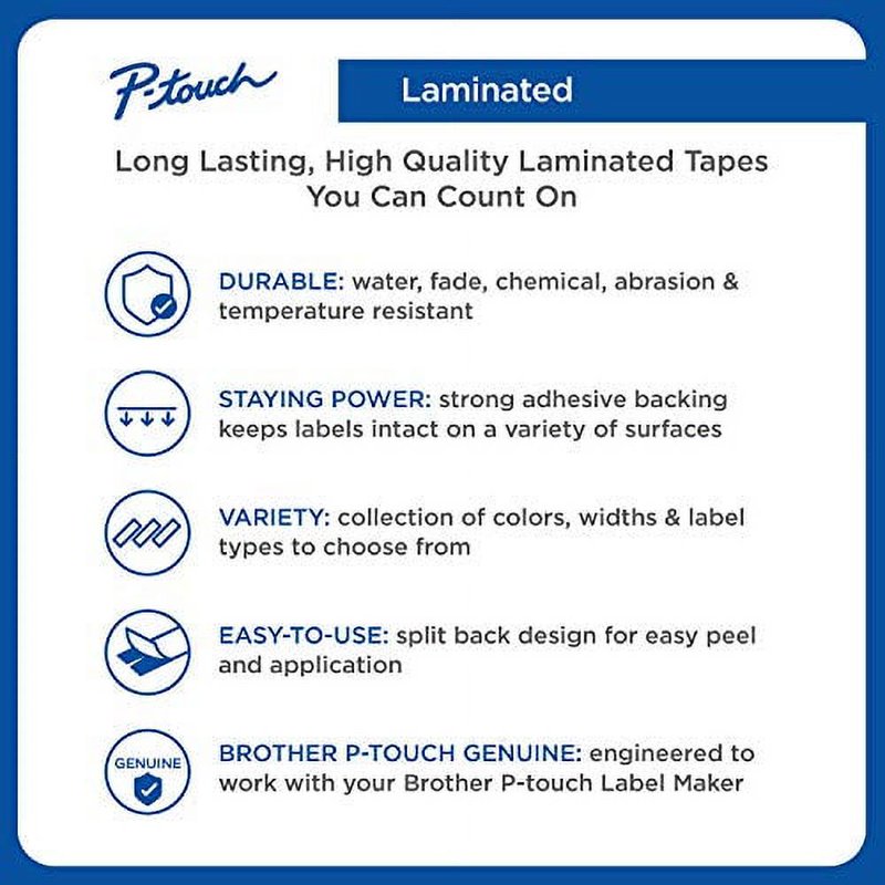 Brother Laminated P-Touch Tape 1/2 Inch Black on White, 26.2 Feet - 2 Pack