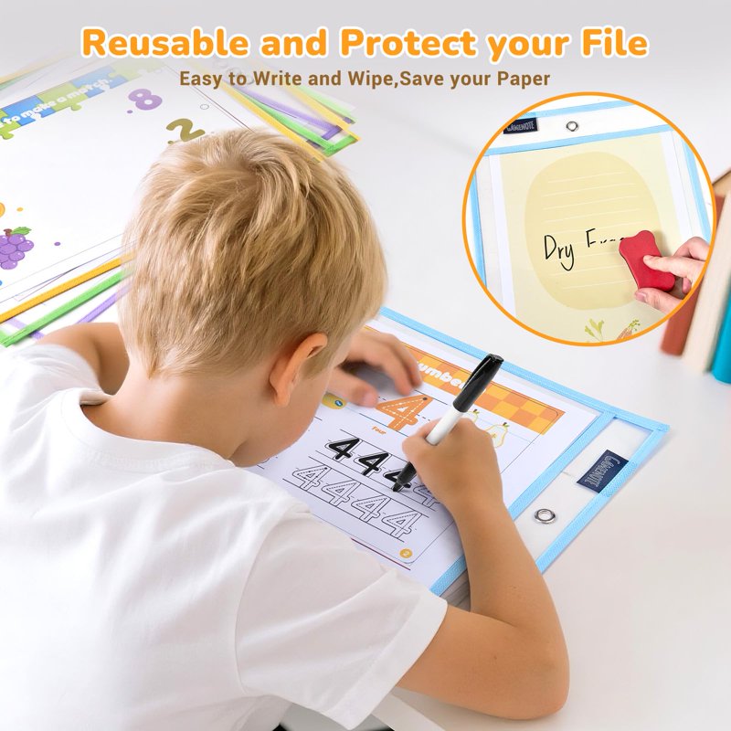 30 Pack Reusable Dry Erase Pocket Sleeves with 3 Rings - 10x14 Inch Plastic Sheet Protectors for Classroom Office and Organization