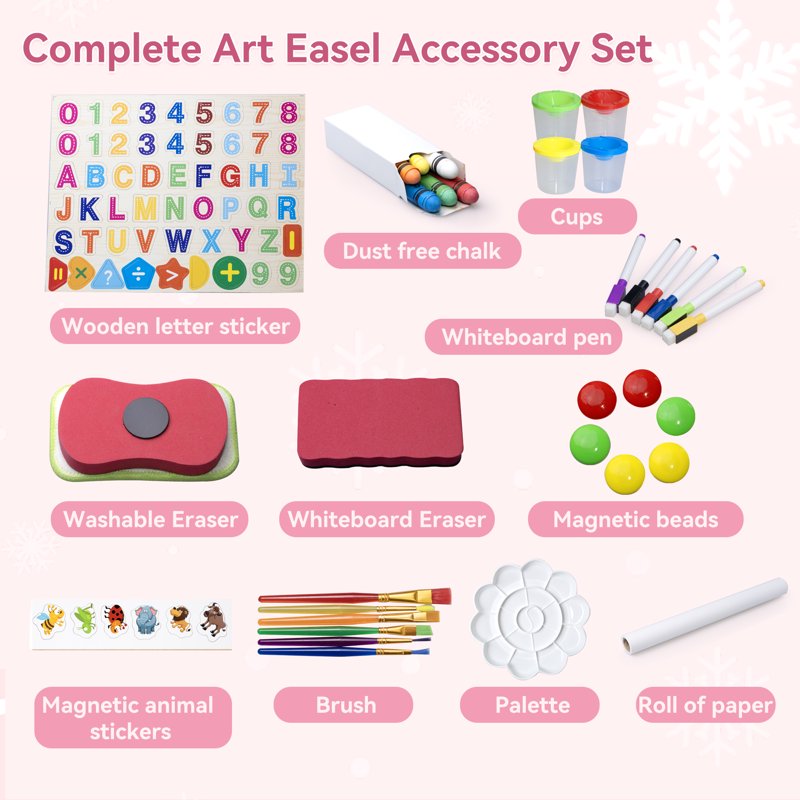 Kids Art Easel 3-in-1 Wooden Double Sided Magnetic Whiteboard & Paper Roll - Adjustable, Pink