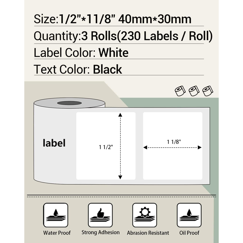 Thermal Label Roll Set 3 Rolls for Label Makers - Water & Oil Resistant