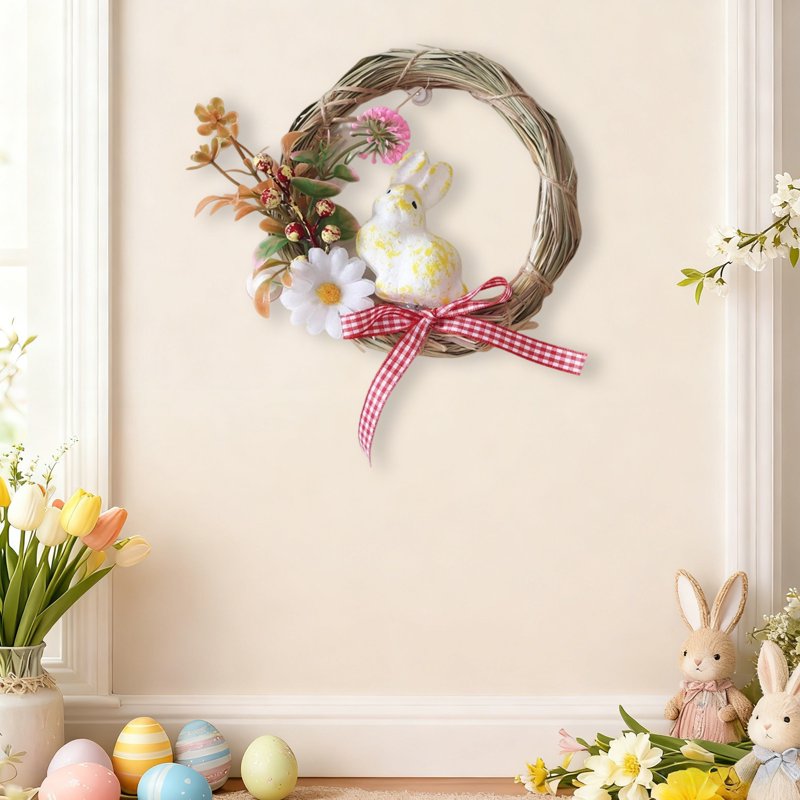 Easter Bunny Rattan Wreath Decoration - Spring Door Hanging with Eggs & Leaves