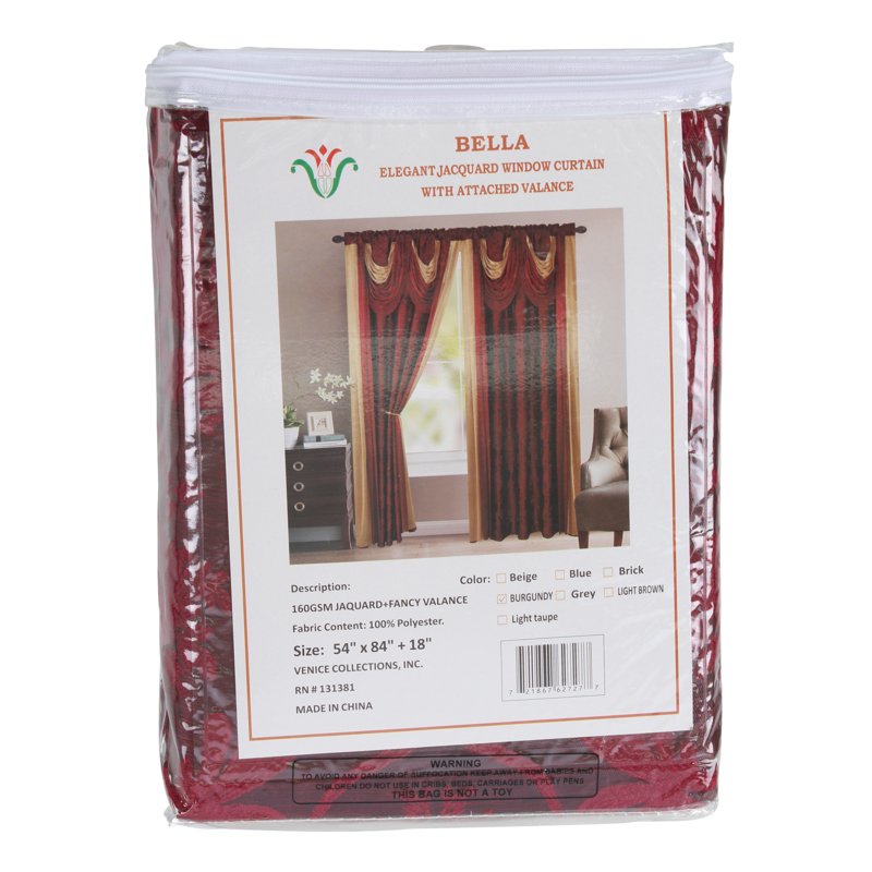 Jacquard Curtain Panel with Waterfall Valance and Attached Scarf - Burgundy, 54x84 Inches