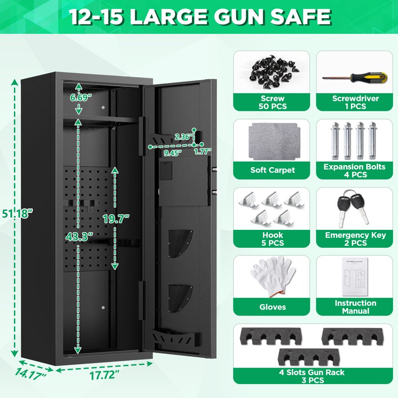 12-15 Gun Safe with Quick Access, Removable Shelves & Alarm System