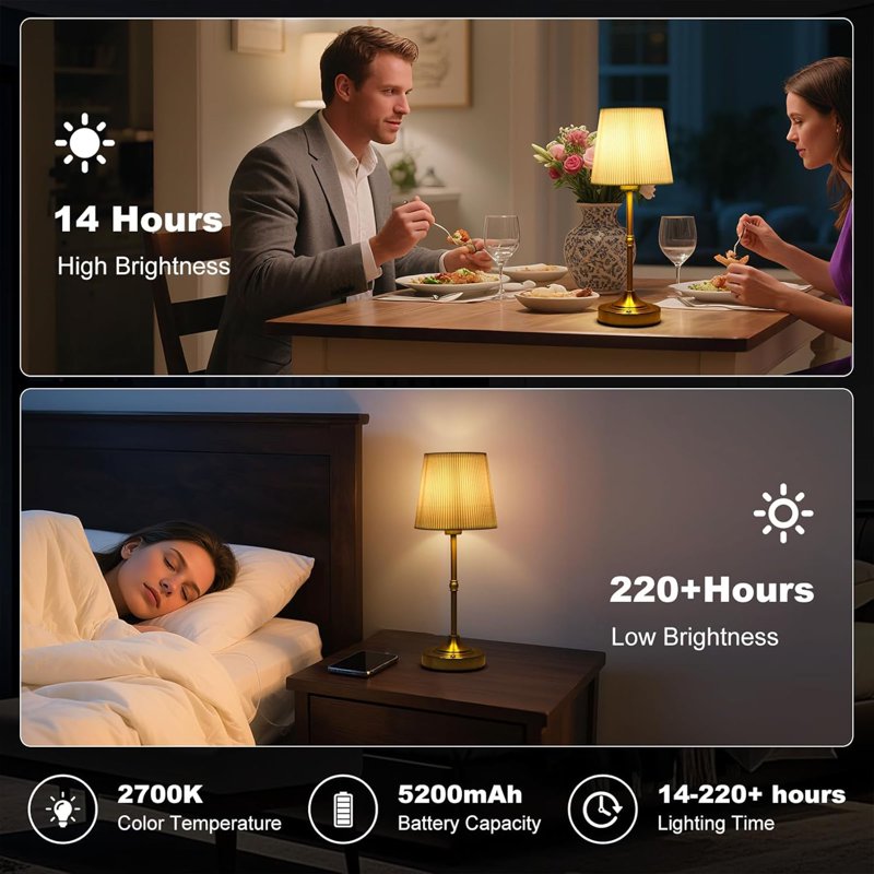 Cordless LED Table Lamp with Touch Dimming, 5200mAh Rechargeable Battery - Gold