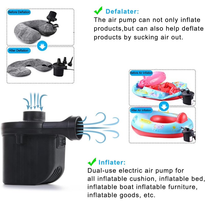 Electric Air Pump Portable Inflator & Deflator for Inflatables - 110V/12V, 3 Nozzles