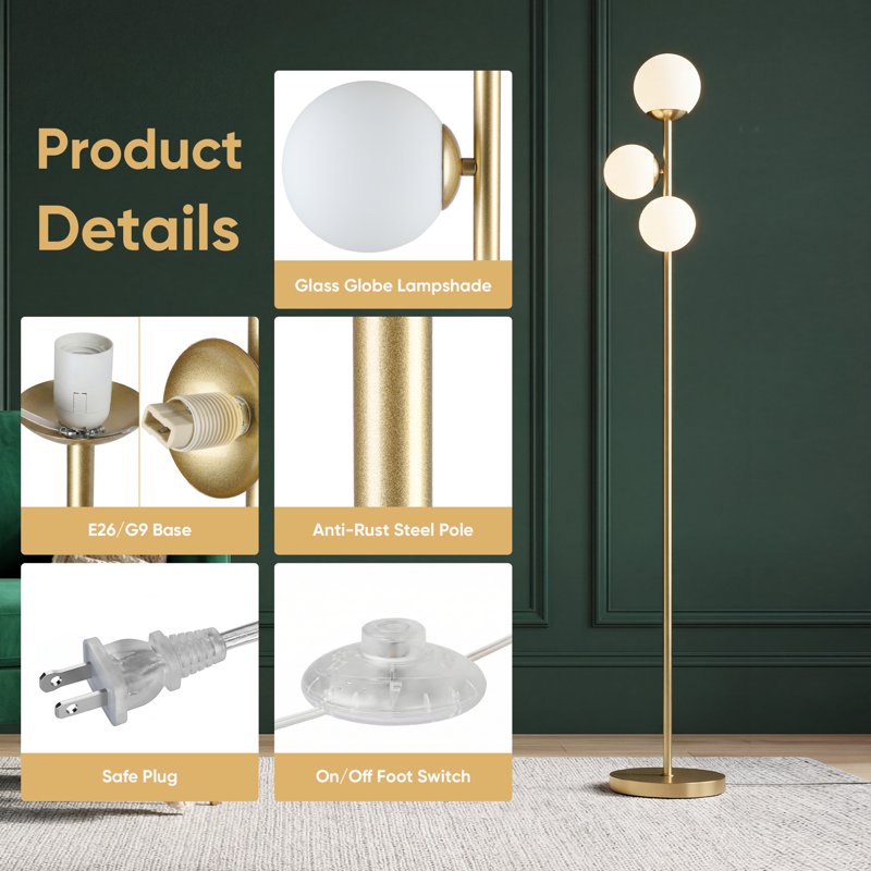Gold 3-Light Globe Floor Lamp with Frosted Shades - Modern Standing Tree Lamp for Living Room Bedroom
