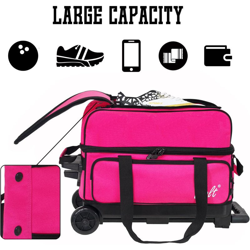 WOLT Double Roller Bowling Bag for 2 Balls with Retractable Handle - 40" Pink