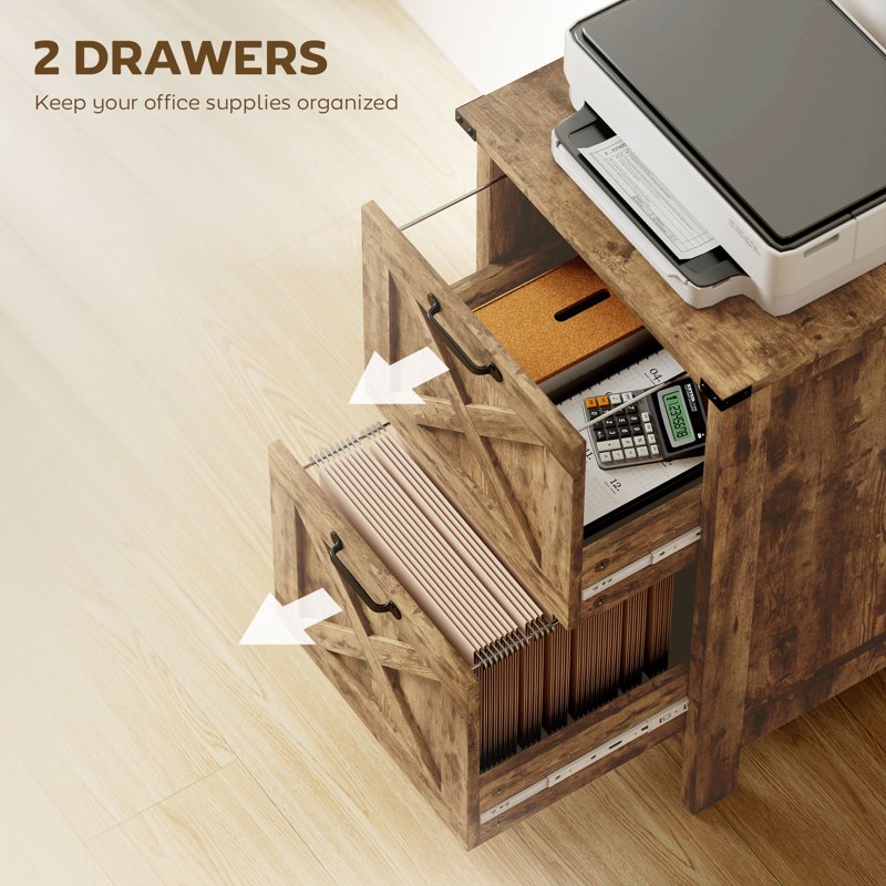 Rustic Farmhouse 2-Drawer File Cabinet with Barn Doors - A4/Letter Storage