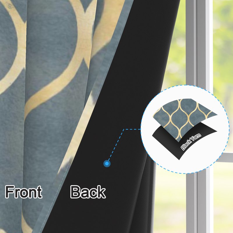 Blackout Grommet Curtains with Geometric Gold Design - Insulated Room Darkening Drapes