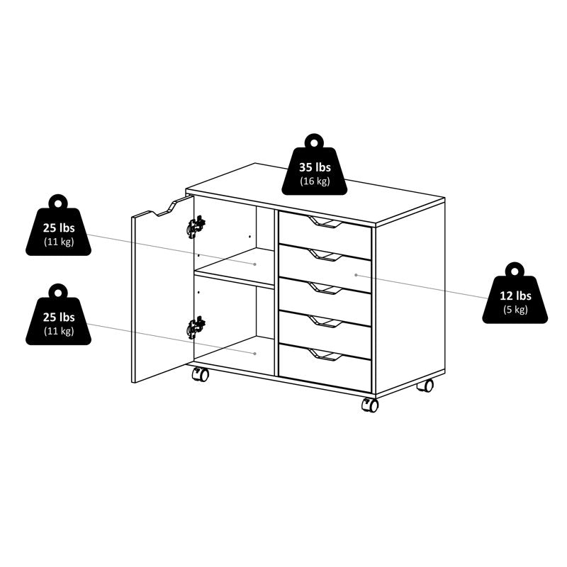 Mobile Storage Cabinet with 5 Drawers and Adjustable Shelf — White Finish