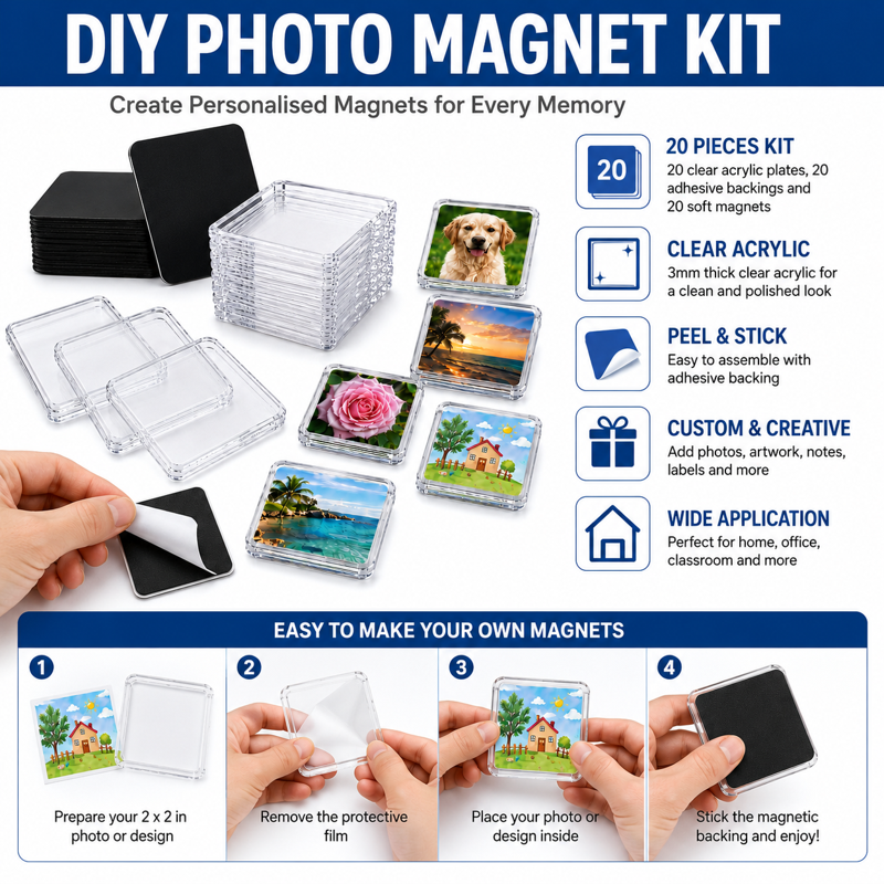 DIY Fridge Magnets Kit - Clear Acrylic Photo Magnet Making Set with Adhesive Backing