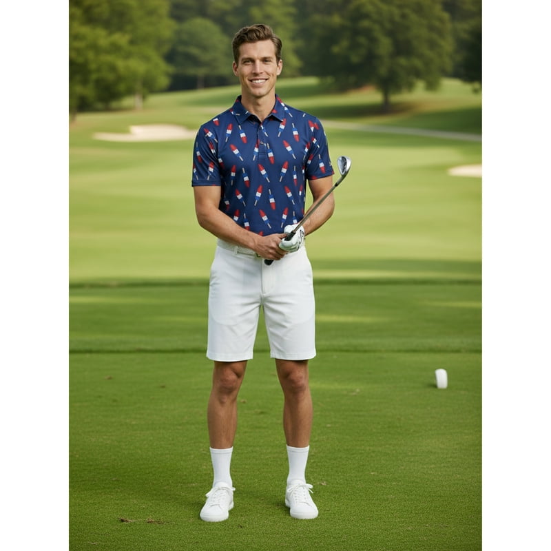 Birdie Bound Men’s Polo Top - Firecracker Popsicle Print, XS-4XLT, S-Variation Dessert Pop Sodalite Blue