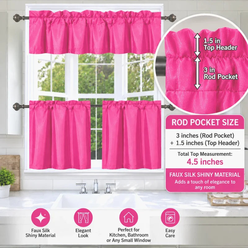 3-Piece Faux Silk Blackout Kitchen Curtain Set with Valance - Multiple Colors