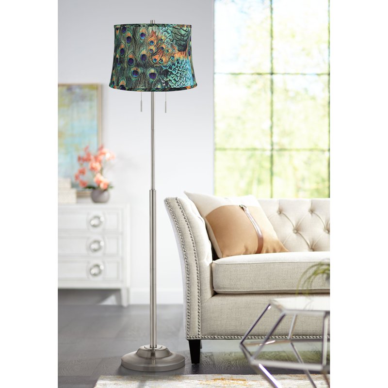 Modern Floor Lamp with Peacock Print Drum Shade - Brushed Nickel Finish, 66 Inches Tall