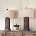 Rustic Farmhouse Table Lamps Set of 2 - Bronze Hammered Finish Rectangular Shades 24.75"