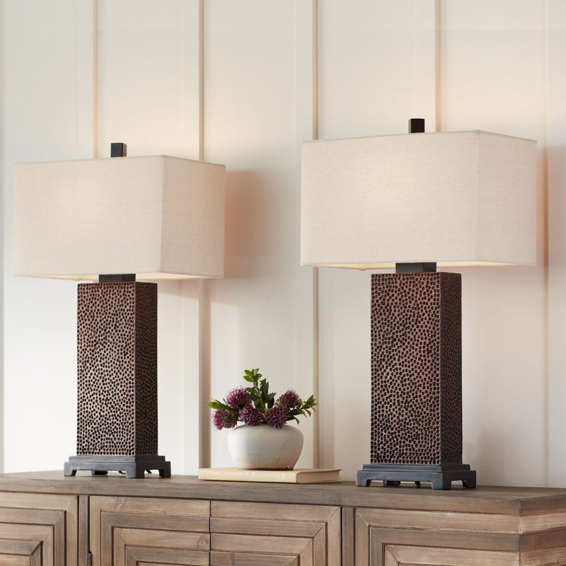 Rustic Farmhouse Table Lamps Set of 2 - Bronze Hammered Finish Rectangular Shades 24.75"