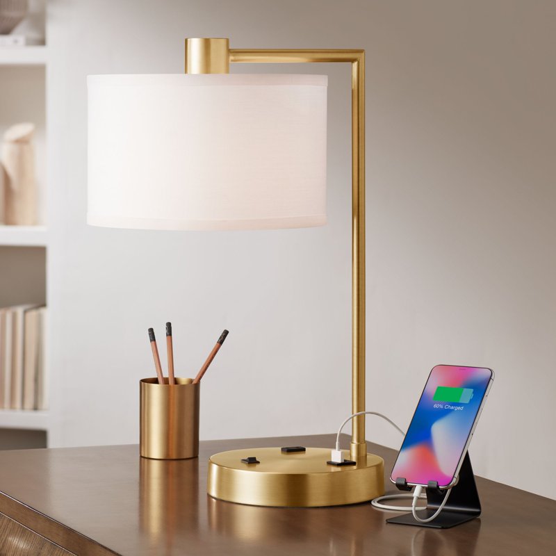 Modern Desk Lamp with USB Charging Port - Antique Gold & Linen Shade