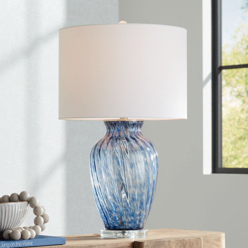 Modern Blue Glass Table Lamp with White Drum Shade - 27.75 Inch