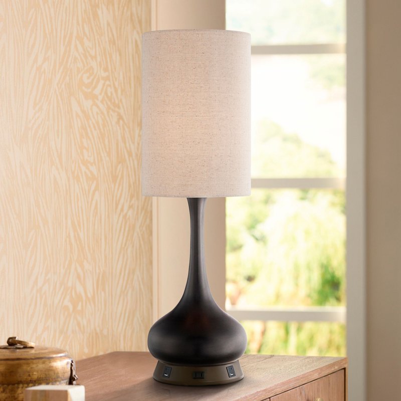 Modern Table Lamp with USB Charging Station - Bronze Finish, 24.5"