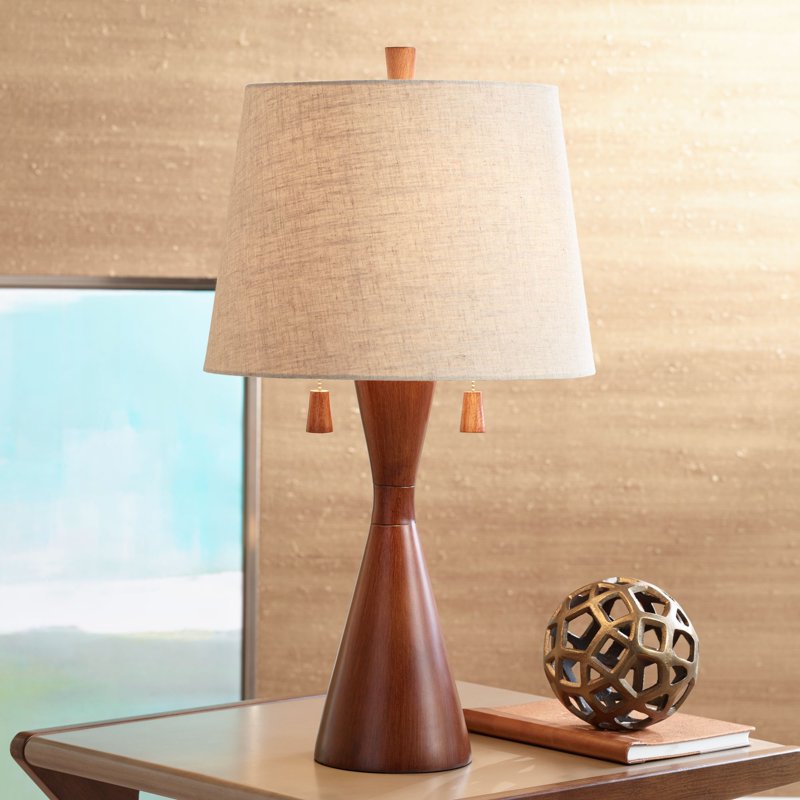 Modern Table Lamp 28.75in Warm Brown Wood & Oatmeal Fabric Shade for Bedroom & Living Room