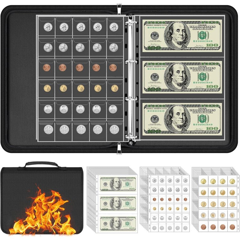 360 Pockets Coin & Currency Collection Book Holder with Zipper & Handle, Fireproof & Water-Resistant Album for Coins Banknotes