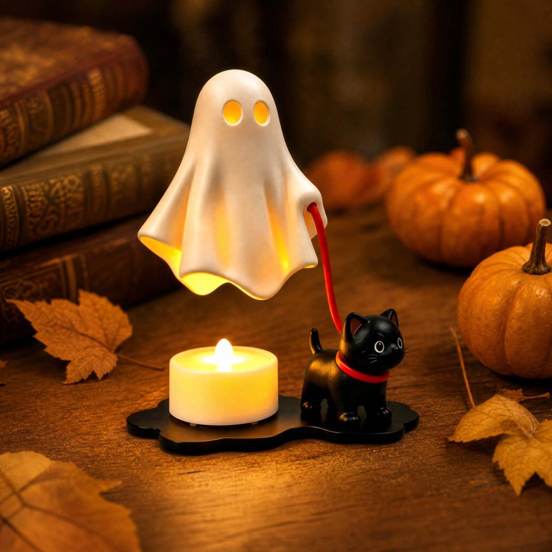 Halloween Ghost Walking Cat Figurine Lamp with Candle Warmer - Gothic Resin Night Light